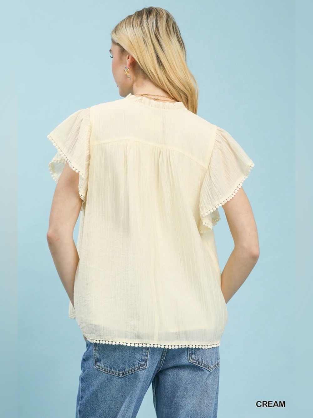 Umgee Flutter Sleeve Relaxed Top with Trim Detail - Picture 3 of 6